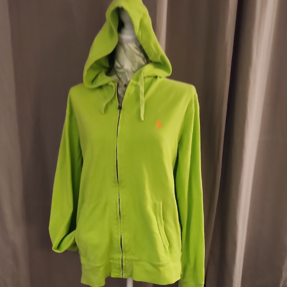 Polo Ralph Lauren Neon Light Green Full Zip Hoodie Mens Size L Retro